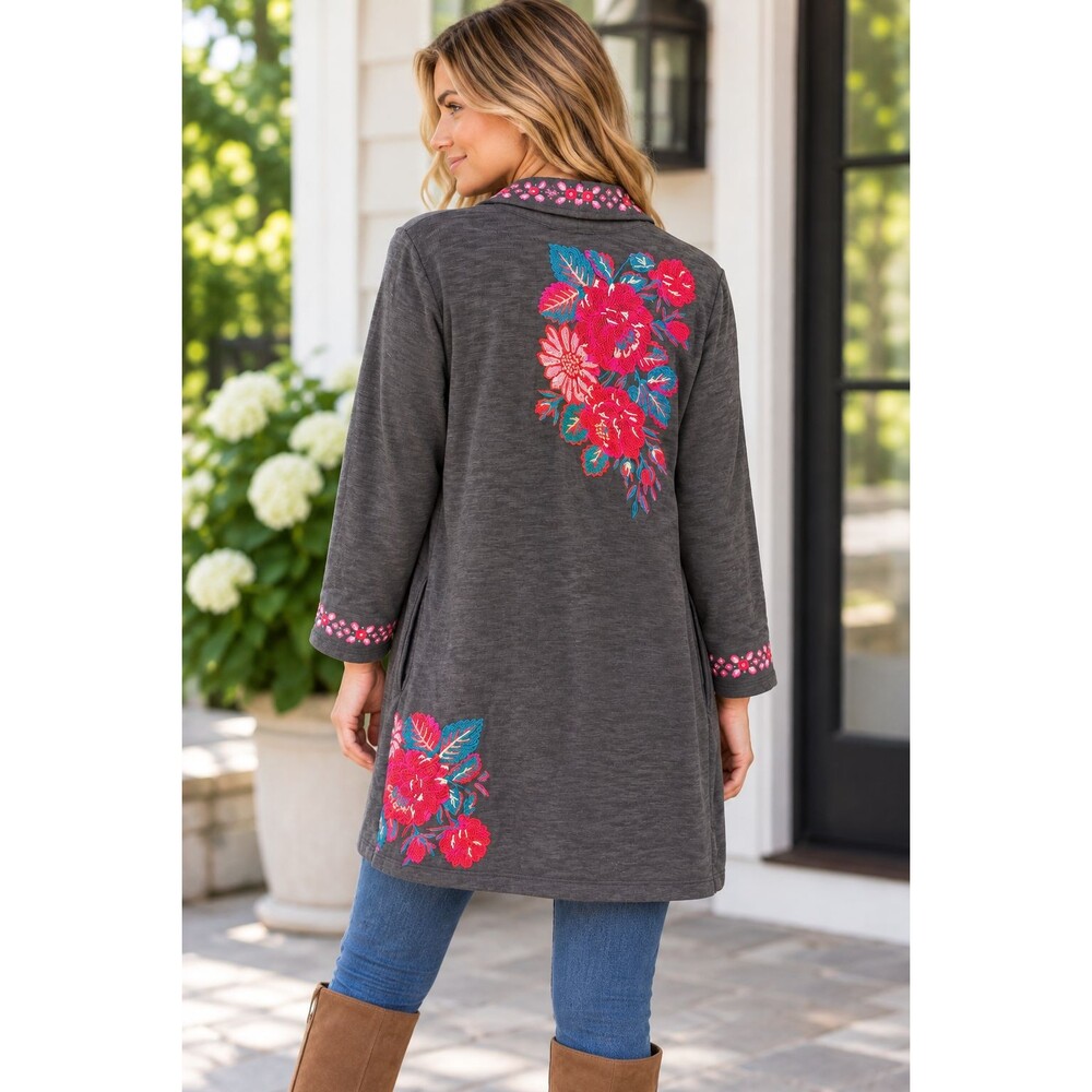 J.Jill Duster Knit Sweater Jacket XL Floral Embroidered Open Front Cardigan